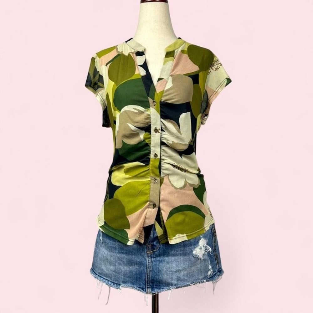 Floral Artsy Button Up Short Sleeve Mesh Top Womens L Y2K Boho Earthy